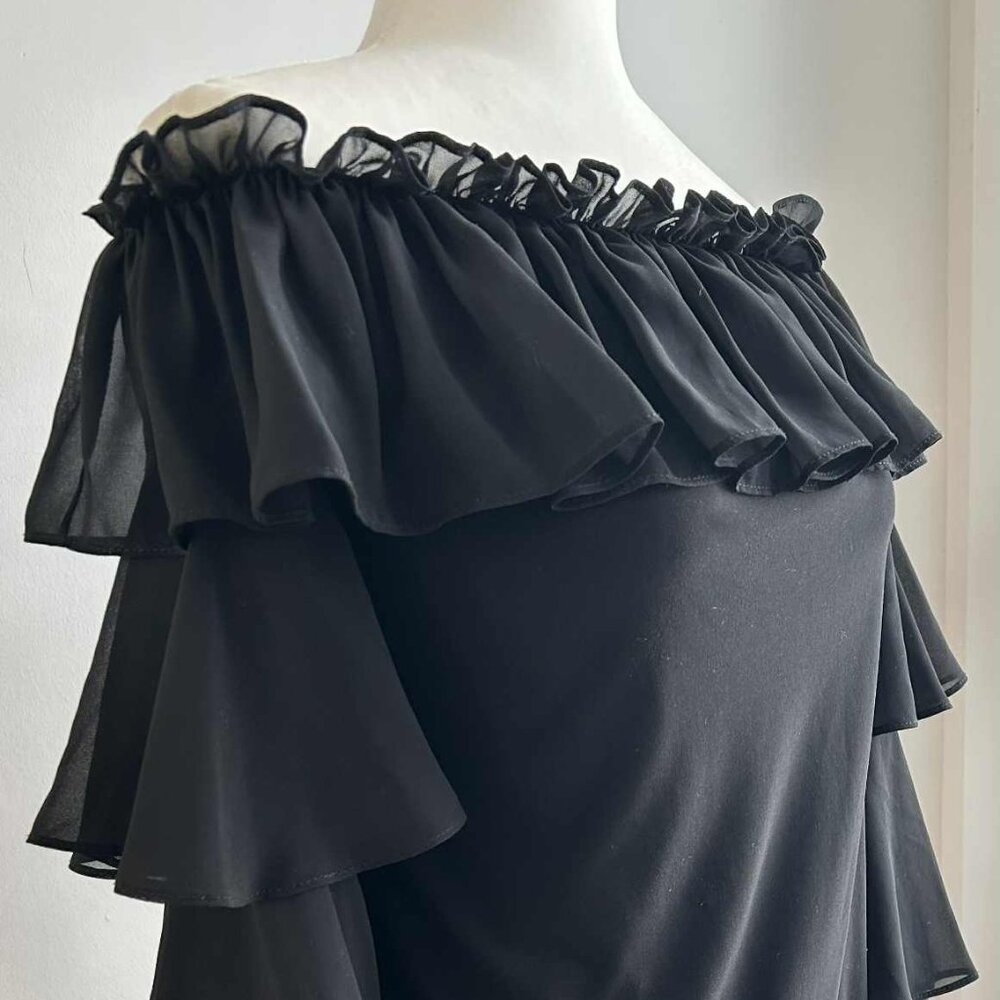 Joseph Ribkoff Black Chiffon Ruffle Off-Shoulder Tiered Sleeve Top – US 8